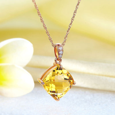 3 Ct Cushion Citrine Pendant Necklace Diamond 14K Rose Gold - diamondiiz.com