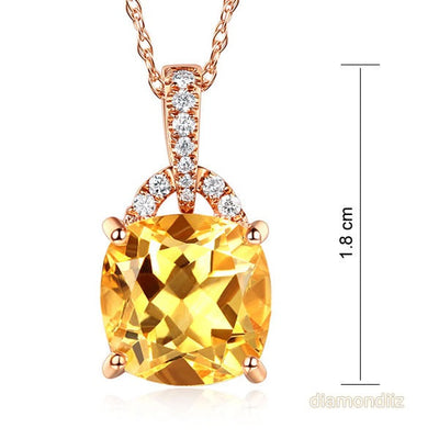 14K Rose Gold 3.5 Ct Cushion Citrine Pendant Necklace 0.1 Ct Diamond - diamondiiz.com