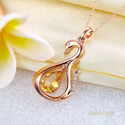 14K Rose Gold Pear Citrine Swan Pendant Necklace - diamondiiz.com