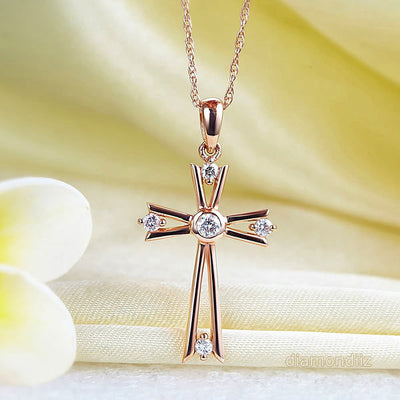 Fine 14K Rose Gold Cross Pendant Necklace 0.21 Ct Diamond 585 Jewelry - diamondiiz.com
