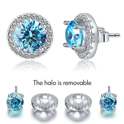 Round Aqua Blue Halo (Removable) Stud Earrings 925 Sterling Silver - diamondiiz.com