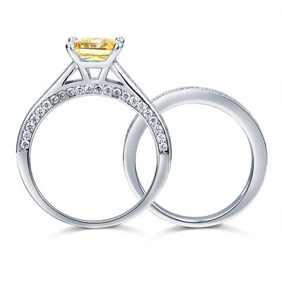 1.5 Ct Princess Cut Yellow Canary Solid 925 Sterling Silver 2-Pcs Wedding Ring Set XFR8194S