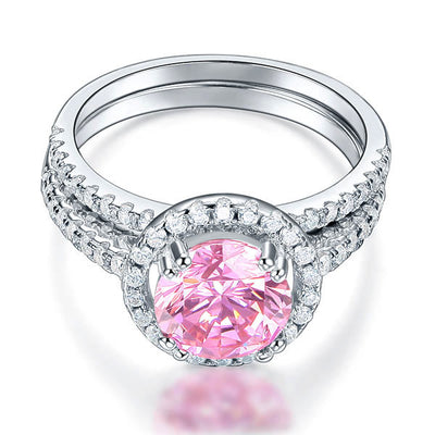 925 Sterling Silver Wedding Engagement Halo Ring Set 2 Carat Pink Created Diamond Wedding Jewelry XFR8220