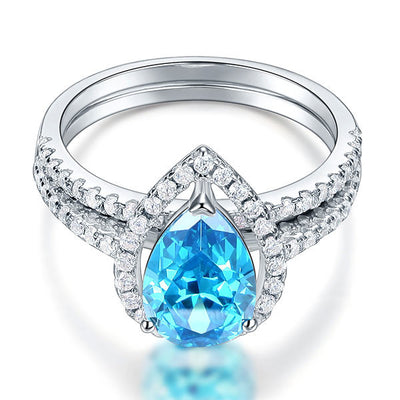 Sterling 925 Silver Bridal Wedding Engagement Ring Set 2 Carat Pear Fancy Blue Created Diamond Jewelry XFR8222