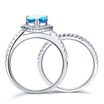 Sterling 925 Silver Bridal Wedding Engagement Ring Set 2 Carat Pear Fancy Blue Created Diamond Jewelry XFR8222